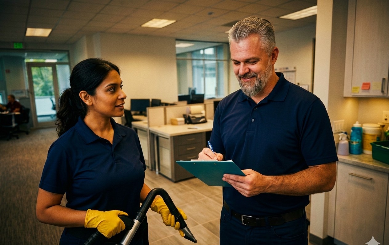 Η ομάδα της ΝΙΚΟΛΑΟΥ Cleaning Services σε επαγγελματικό χώρο
