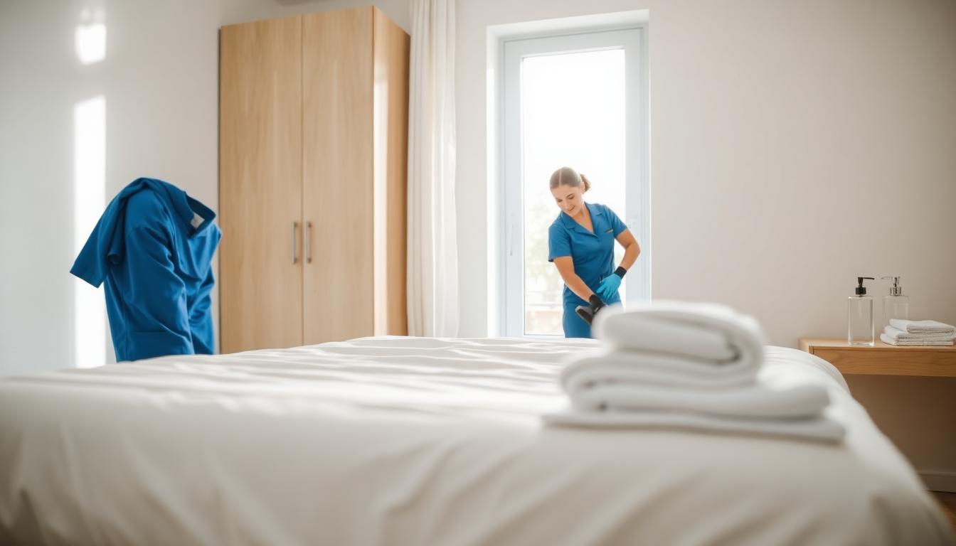 Επαγγελματικός καθαρισμός Airbnb με στρώσιμο κρεβατιού και πεντακάθαρα λευκά σεντόνια