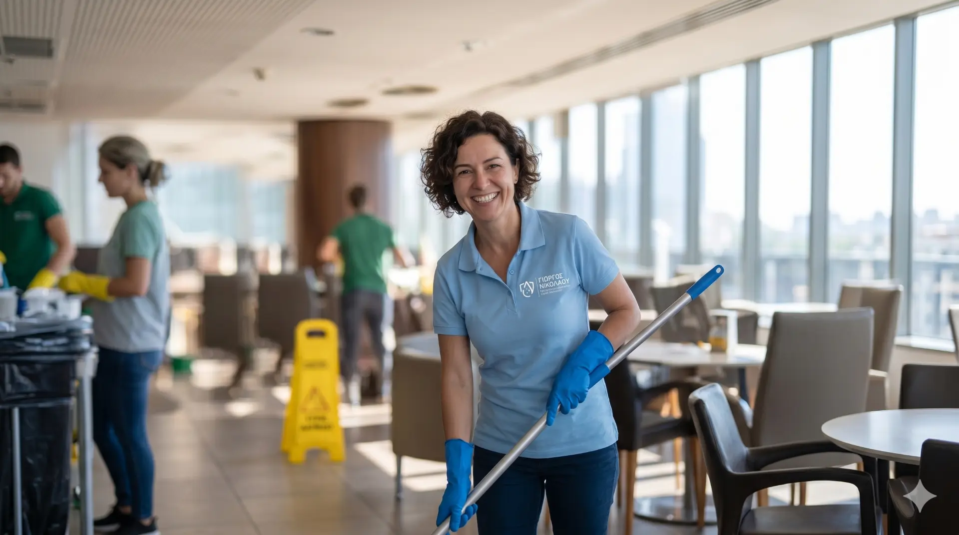 Ομάδα καθαρισμού της ΝΙΚΟΛΑΟΥ Cleaning Services σε επαγγελματικό χώρο