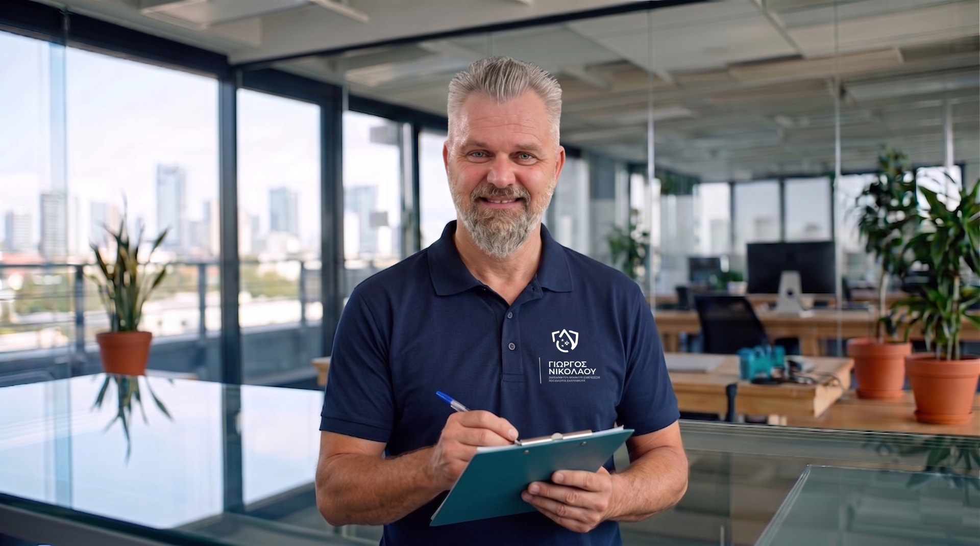 Η ομάδα της ΝΙΚΟΛΑΟΥ Cleaning Services σε σύγχρονο εταιρικό γραφείο